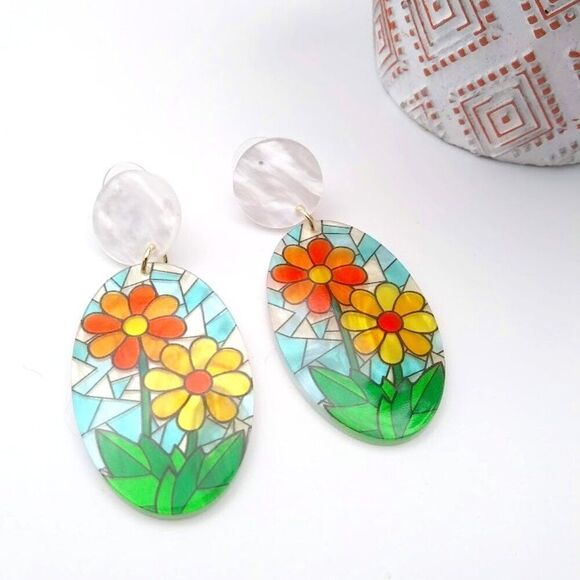 Fancy Spring Flowers Acrylic Oval Drop Earrings - Picture 3 of 4